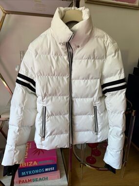 White Puffer Jacket with Black Stripe Detail